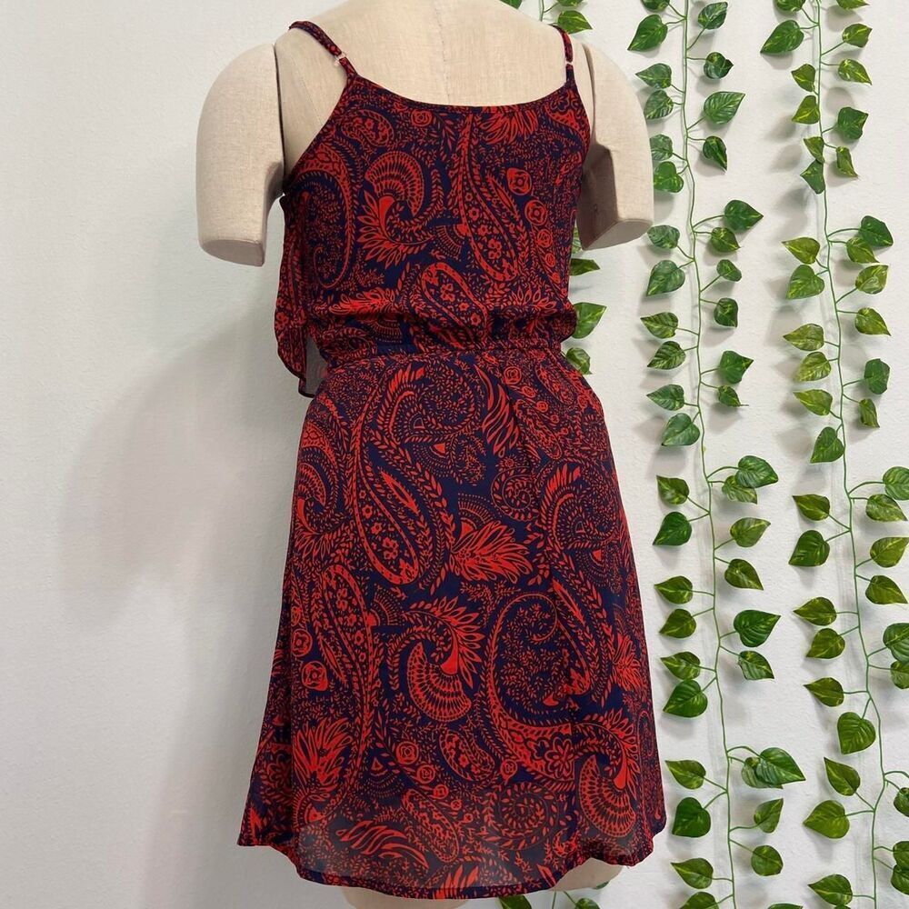 Eyelash Couture Red & Navy Paisley Ruffle Layer Midi Dress Boho Sleeveless XS - Picture 5 of 5